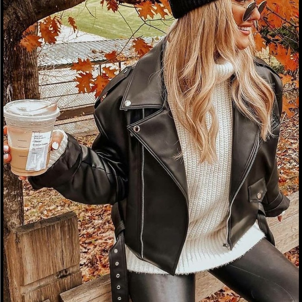 Women's Black moto faux Leather Jacket blazer zip front jacket